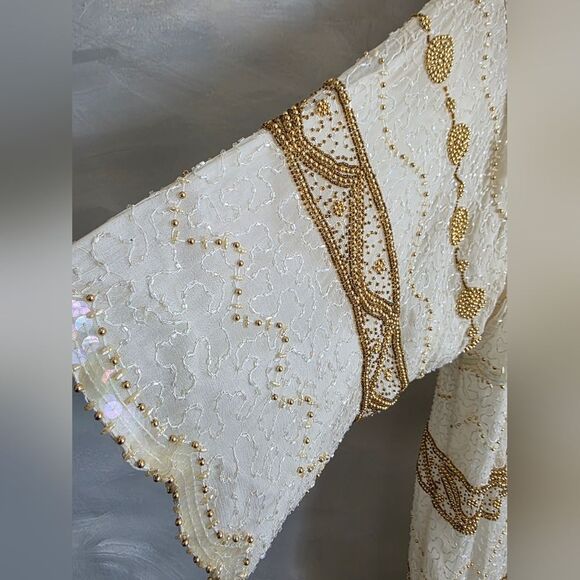 Flapper Style Gunit Cream & Gold Sequin Beaded Duster Kimono Jacket Vtg OS - Picture 14 of 15